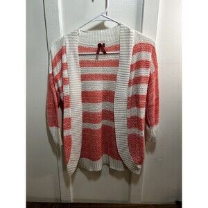 Red Camel Womens Pink And White Striped Knit Cardigan 3/4 Sleeve Medium